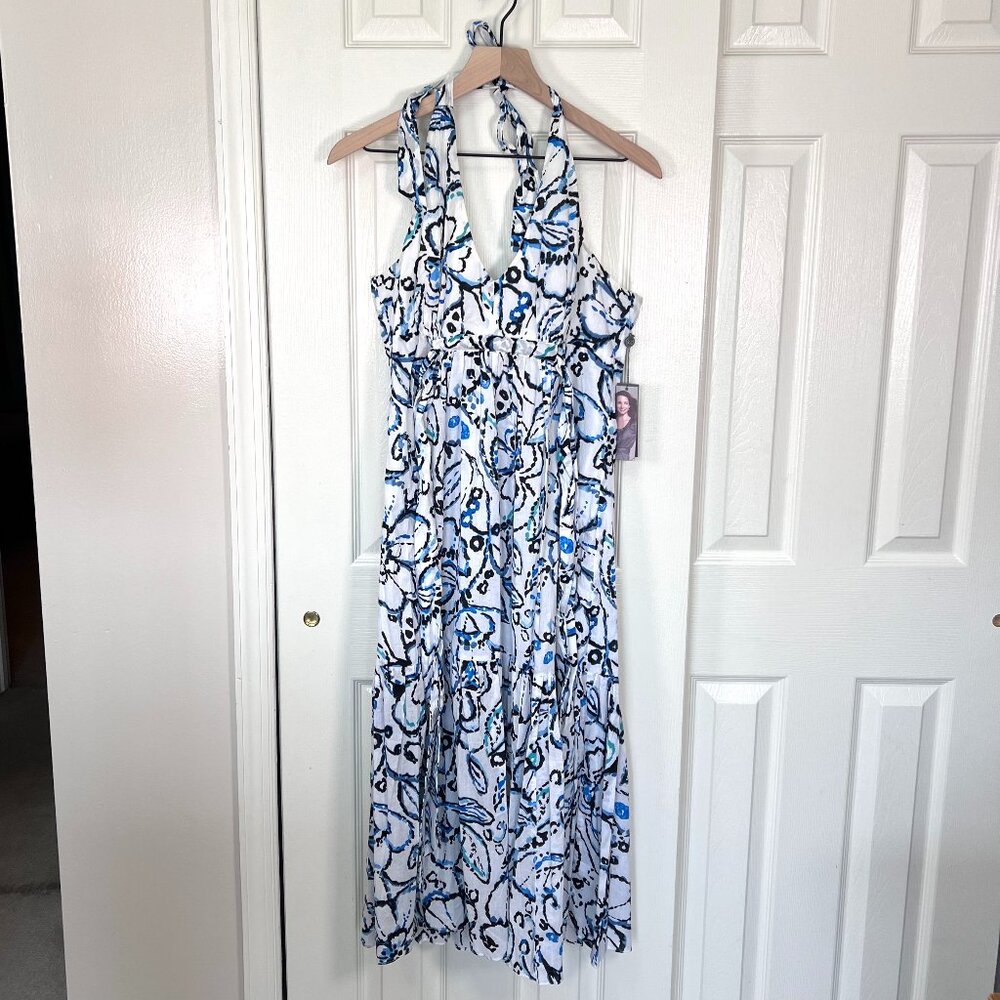 Kristen Davis Floral Halter Summer Dress Blue White Size 12 100% Cotton NWT
